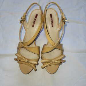 Authentic Prada Bow Tie Heels Strappy Size 39 Beige Made in Italy 4 inch heel